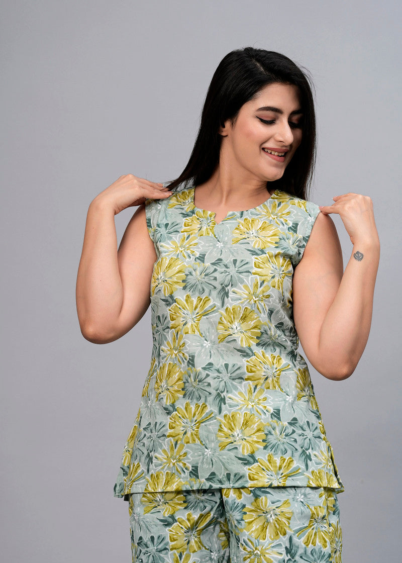 Grey & Green Printed Night Suit